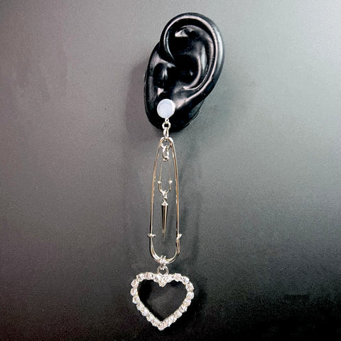 Silver Heart Safety Pin Earrings