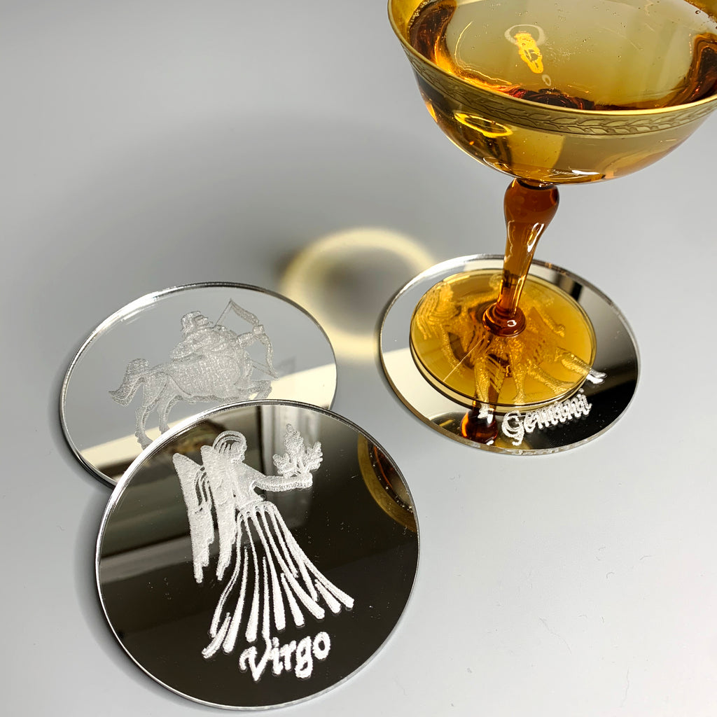 Set of 2 Zodiac Sign Wine Glasses with 2 Wooden Coasters Aquarius